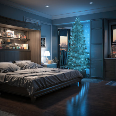 Christmas tree with decorations in the interior of the bedroom.の素材