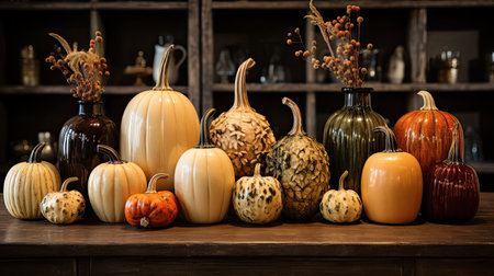 Colorful pumpkins on wooden shelf in halloween decoration.の素材