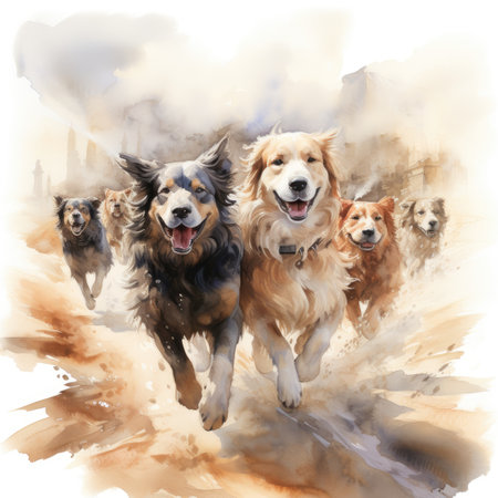 Watercolor group of dogs running on the sand.の素材