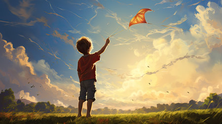 Cute little boy flying a kite on a summer meadowの素材