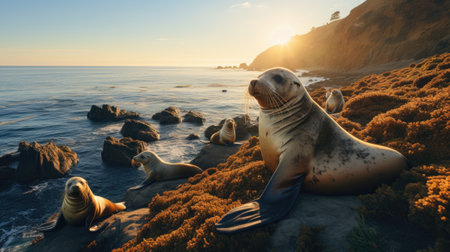 Sea lions on the rocks at sunsetの素材