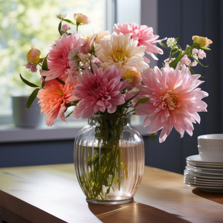 Beautiful bouquet of flowers in a vase on the tableの素材