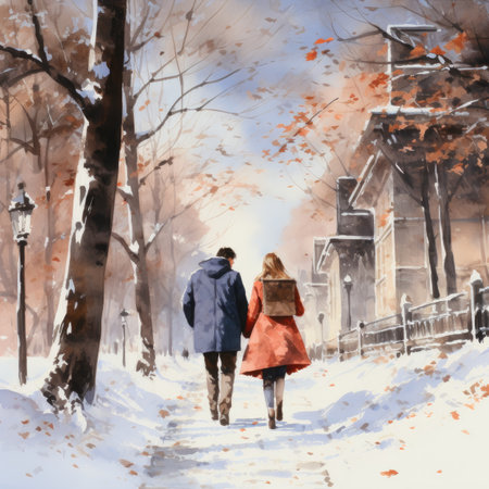 Watercolor Young couple walking in the winter park.の素材