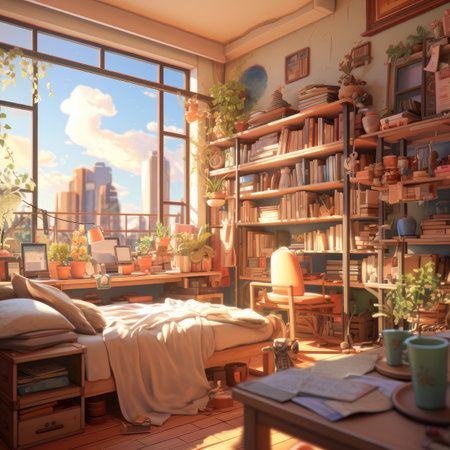 a cozy bedroom in a house with a beautiful viewの素材