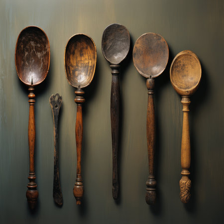 Vintage wooden spoons on a dark background. Top view.の素材
