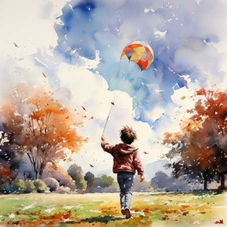 Watercolor Boy playing with a balloon in the autumn park.の素材