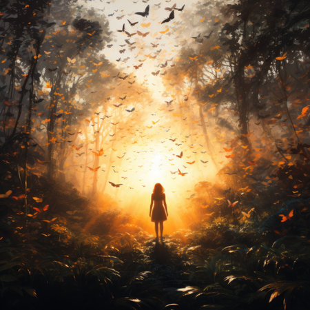 Young woman in the forest with flying birds at sunset.の素材