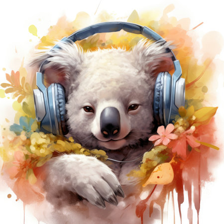Cute koala with headphones and autumn leaves on a white backgroundの素材