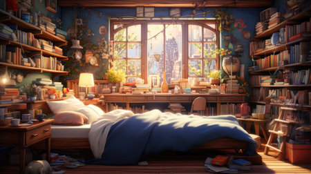 a room with a bookcase and a bedの素材