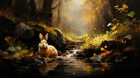 a rabbit in the forest with a river in the backgroundの素材