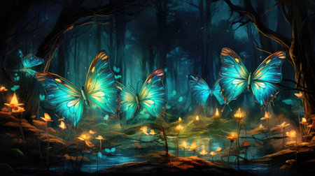 Beautiful butterflies in the forest at night.の素材