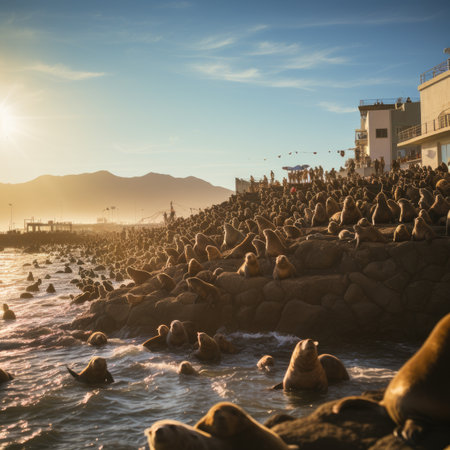 Crowd of sea lions at the pier on sunsetの素材