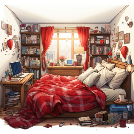 Interior of a room with a bed, bookshelf, books and a windowの素材