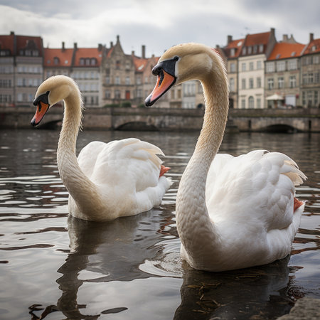 swans on the river in the old townの素材