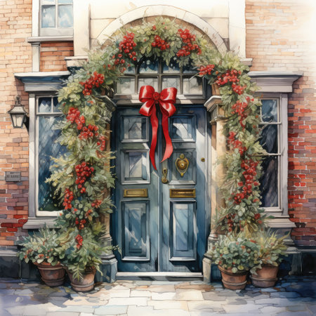 Christmas decorations on the door of the old house. Christmas greeting card.の素材