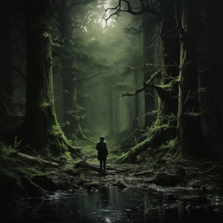 Man walking in a dark forest. Fantasy landscape.の素材