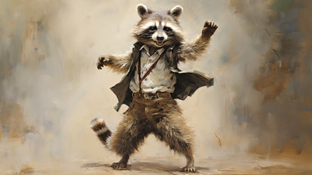 Raccoon in a raincoat and bow tie.の素材