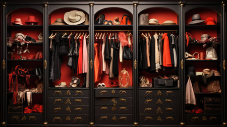 Closet with different women's clothing and accessories in a storeの素材