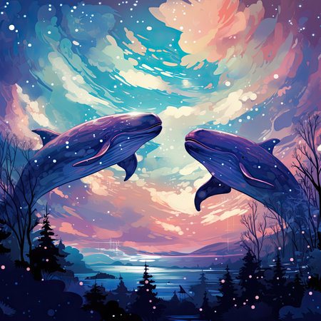 Watercolor Two whales in the sea at night.の素材