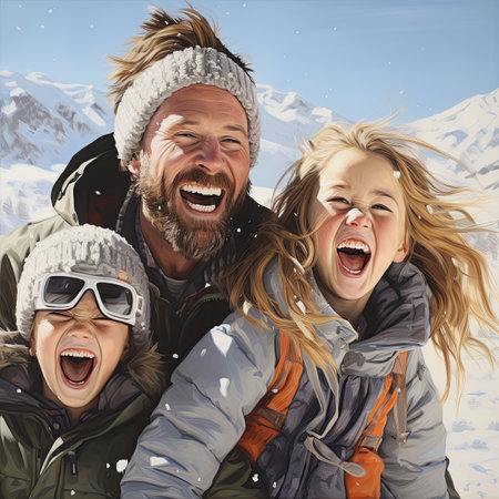 Group of friends having fun in the snow. Cheerful people having fun outdoors.の素材