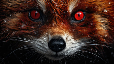 Close-up portrait of a red fox with red eyes. Halloween concept.の素材