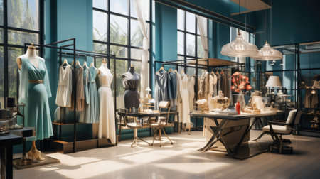 Interior of a fashion store with mannequins and clothesの素材