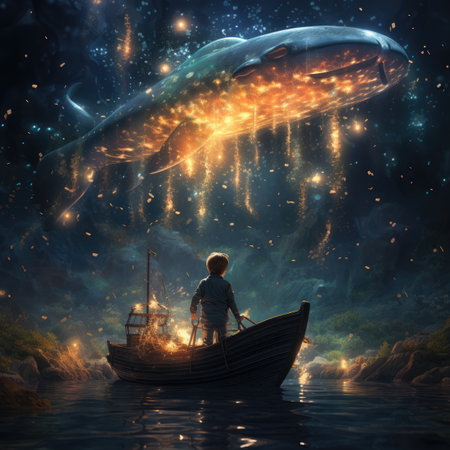 A boy in a boat with a big whale in the night sky.の素材