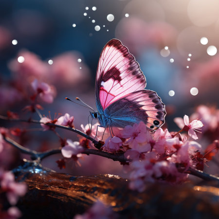 Beautiful butterfly on a branch of blooming sakura. Spring backgroundの素材