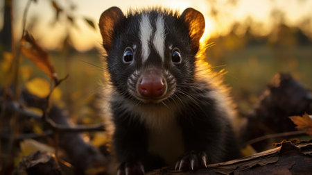 Close-up portrait of a cute black and white striped skunk in the autumn forestの素材