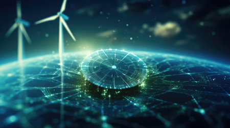 Digital globe with wind turbines and solar panels on dark backgroundの素材