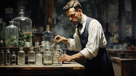 Barman in apron making a cocktail in a glass decanterの素材