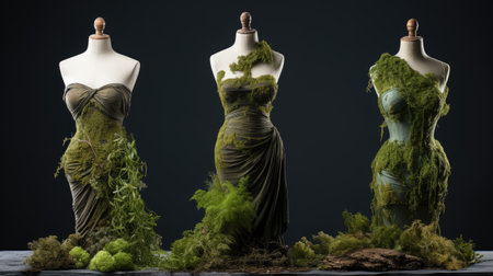 Dress on mannequins with green algae.の素材