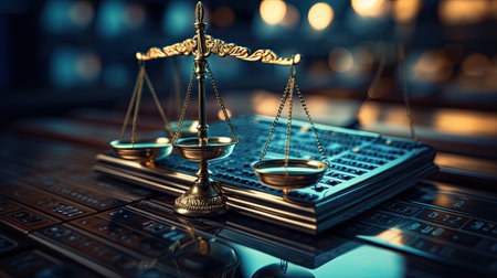 Scales of justice on computer keyboard. Law and justice concept.の素材