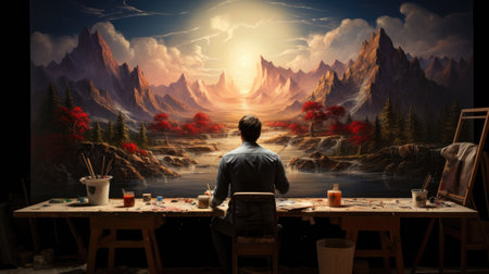 Artist working on a painting in his studio. He is looking at the landscape.の素材
