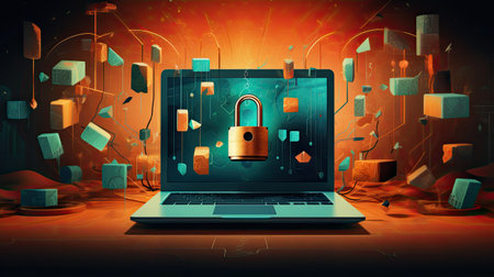 Cyber security concept with laptop and padlock.の素材