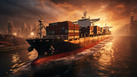 Container Cargo freight ship with working crane bridge at sunset for Logistic Import Export backgroundの素材