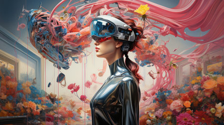 a beautiful young woman wearing virtual reality glasses.の素材