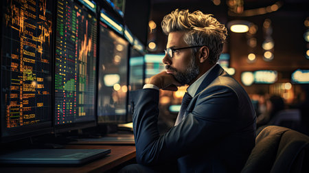 Portrait of a pensive trader sitting in front of a computer screen.の素材