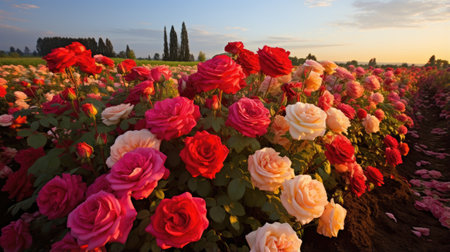 Roses blooming in the garden at sunset. Beautiful landscape.の素材