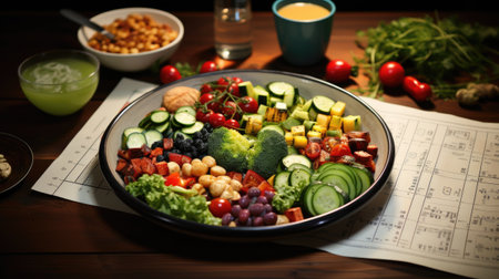 Healthy food concept. Fresh vegetable salad on a wooden table.の素材