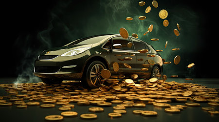 Car on a pile of gold coins. Car insurance concept.の素材