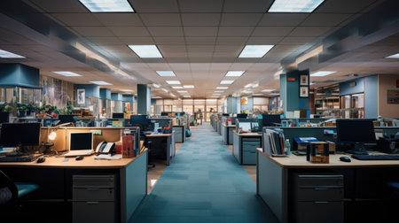 Interior of a modern office building with rows of computer desks.の素材
