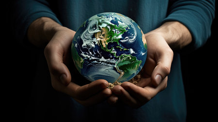 Close up of human hands holding Earth globe.の素材