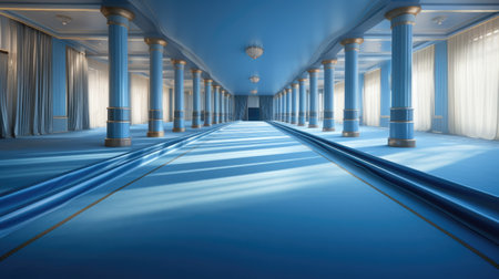a hallway with columns and blue curtains in the backgroundの素材