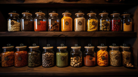Variety of spices in glass jars on a wooden shelf in a pantryの素材