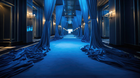 interior of a hall with blue curtains and blue carpetの素材
