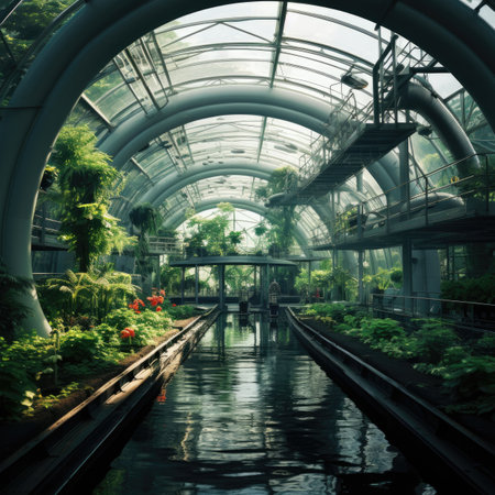 Greenhouse with water canal and green plantsの素材