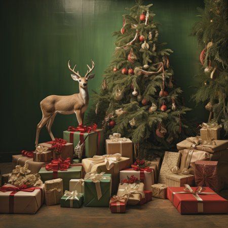 Christmas tree with gift boxes and deer. Vintage style toned pictureの素材