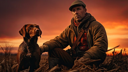 Hunter with a dog in a field at sunset. Hunting season.の素材