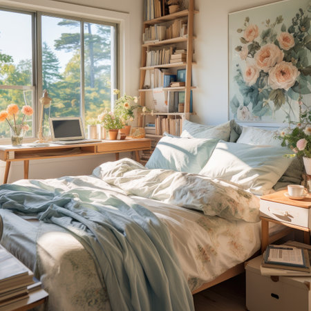interior of modern bedroom with comfortable bed, bookshelf and windowの素材
